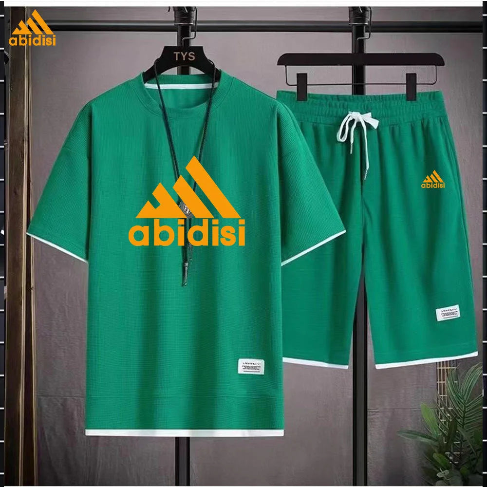 High Quality Men's Short Sleeved Round Neck Shorts Set, Waffle Style Summer T-shirt, Casual Sports Set, Pullover,