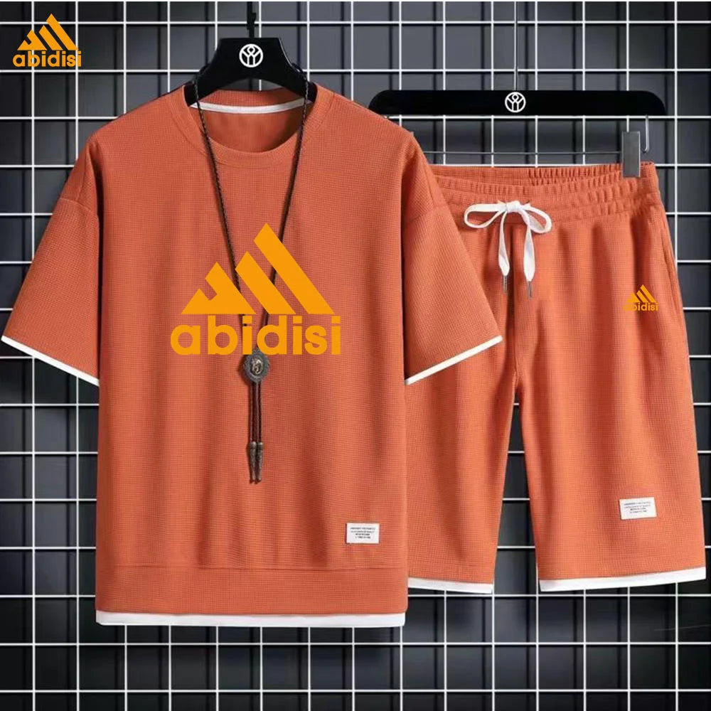 High Quality Men's Short Sleeved Round Neck Shorts Set, Waffle Style Summer T-shirt, Casual Sports Set, Pullover,