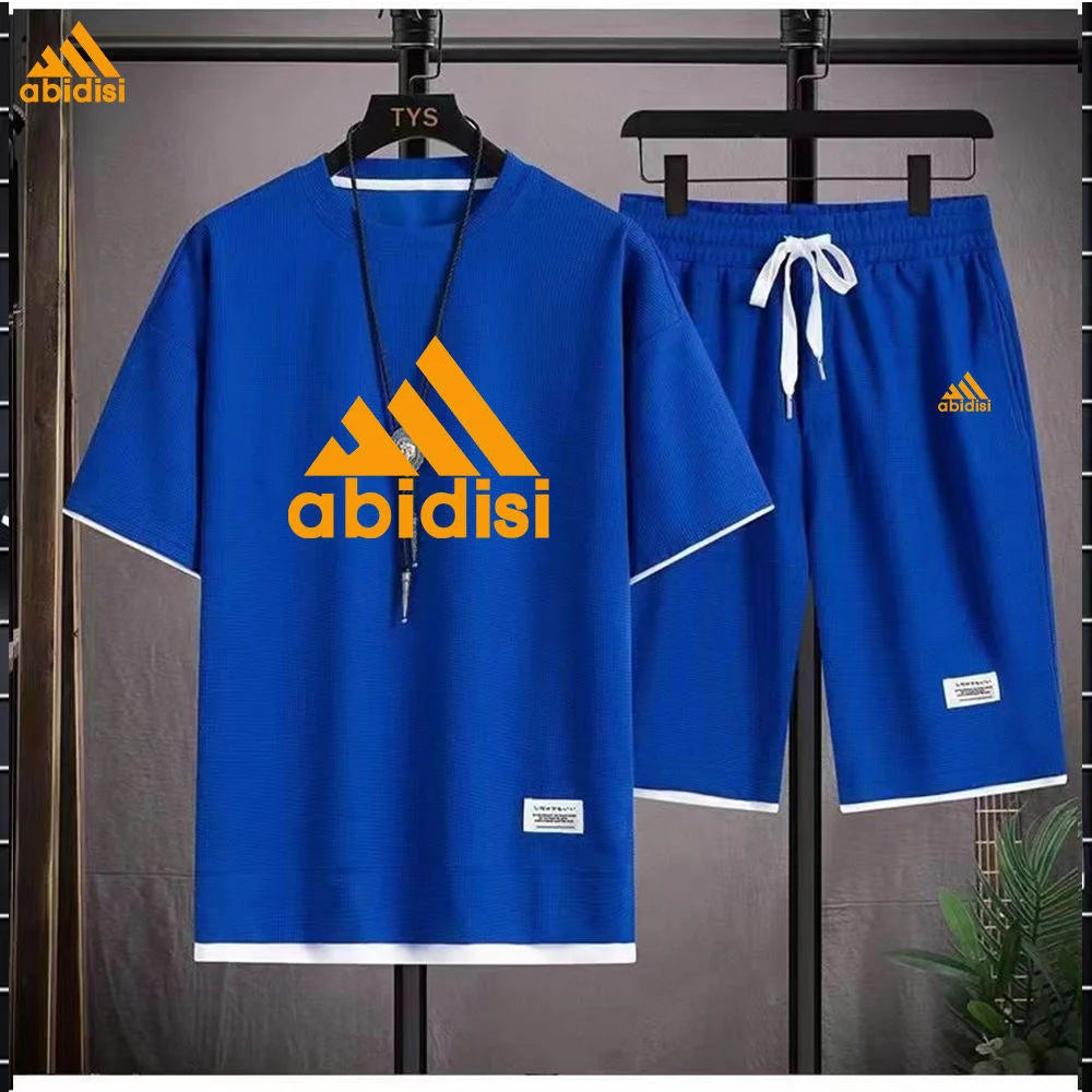 High Quality Men's Short Sleeved Round Neck Shorts Set, Waffle Style Summer T-shirt, Casual Sports Set, Pullover,
