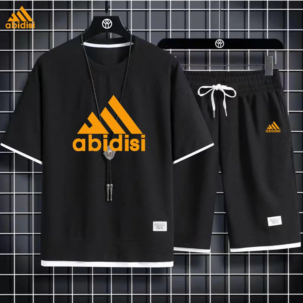 High Quality Men's Short Sleeved Round Neck Shorts Set, Waffle Style Summer T-shirt, Casual Sports Set, Pullover,