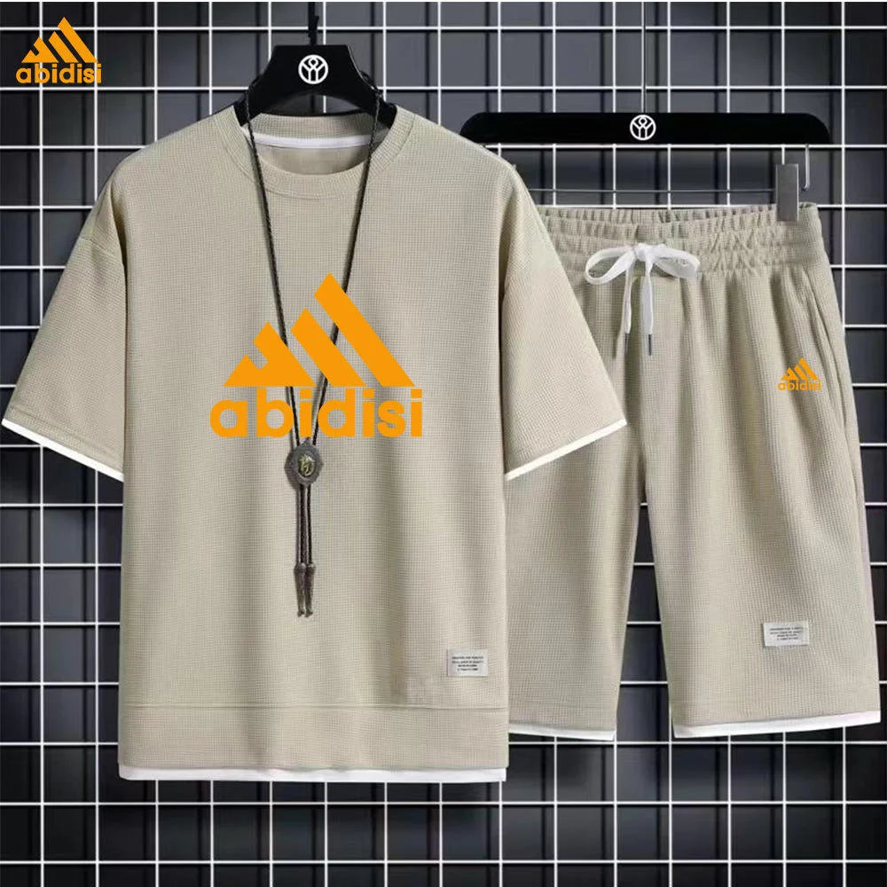 High Quality Men's Short Sleeved Round Neck Shorts Set, Waffle Style Summer T-shirt, Casual Sports Set, Pullover,