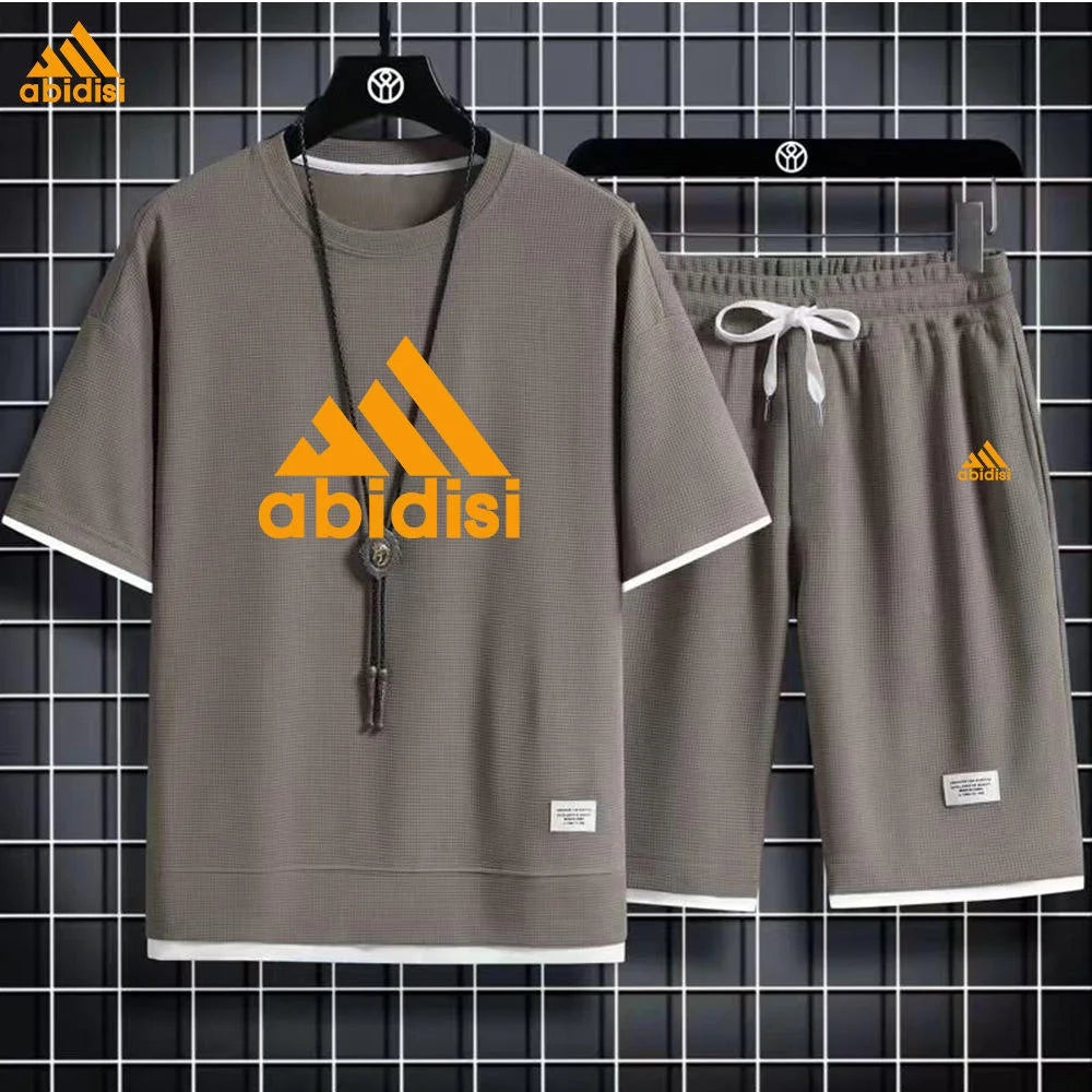 High Quality Men's Short Sleeved Round Neck Shorts Set, Waffle Style Summer T-shirt, Casual Sports Set, Pullover,