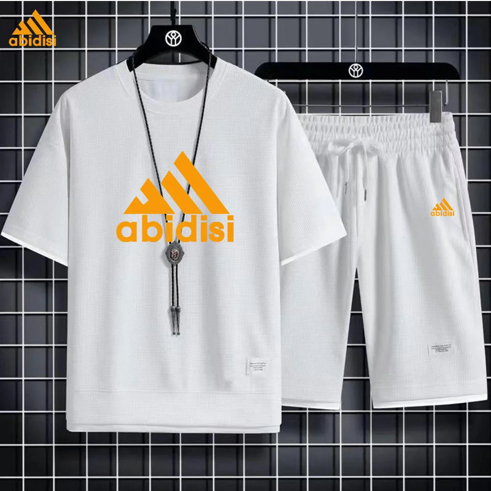 High Quality Men's Short Sleeved Round Neck Shorts Set, Waffle Style Summer T-shirt, Casual Sports Set, Pullover,