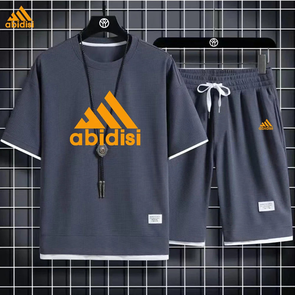 High Quality Men's Short Sleeved Round Neck Shorts Set, Waffle Style Summer T-shirt, Casual Sports Set, Pullover,