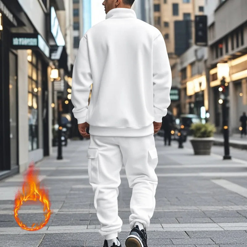 Men's Autumn/Winter Casual Semi-Zipped Pullover Loose Fleece Warm Sweatshirt And Sweatpants Available in 1/2 piece