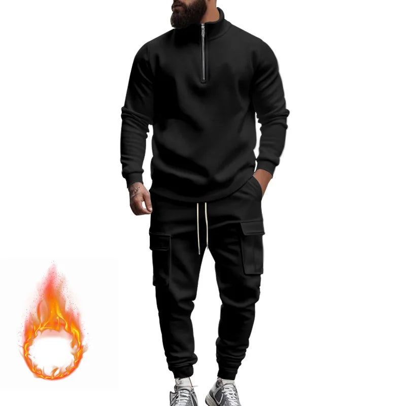 Men's Autumn/Winter Casual Semi-Zipped Pullover Loose Fleece Warm Sweatshirt And Sweatpants Available in 1/2 piece