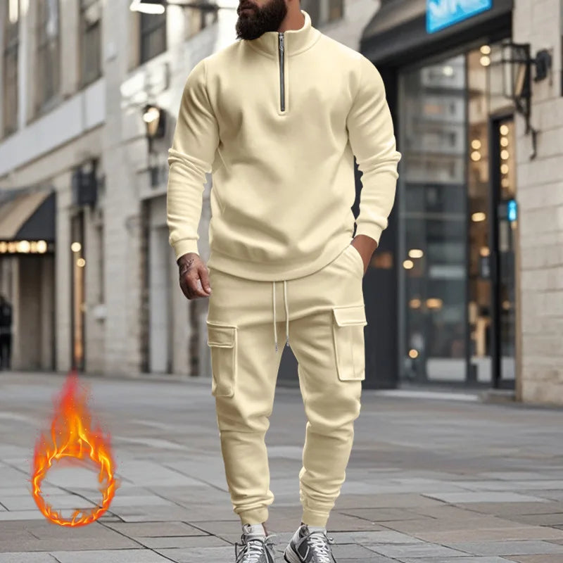 Men's Autumn/Winter Casual Semi-Zipped Pullover Loose Fleece Warm Sweatshirt And Sweatpants Available in 1/2 piece