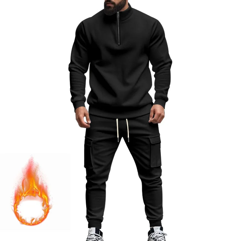 Men's Autumn/Winter Casual Semi-Zipped Pullover Loose Fleece Warm Sweatshirt And Sweatpants Available in 1/2 piece