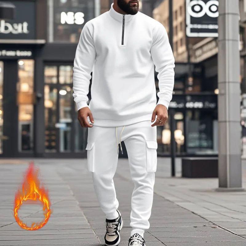 Men's Autumn/Winter Casual Semi-Zipped Pullover Loose Fleece Warm Sweatshirt And Sweatpants Available in 1/2 piece