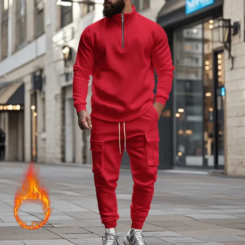 Men's Autumn/Winter Casual Semi-Zipped Pullover Loose Fleece Warm Sweatshirt And Sweatpants Available in 1/2 piece