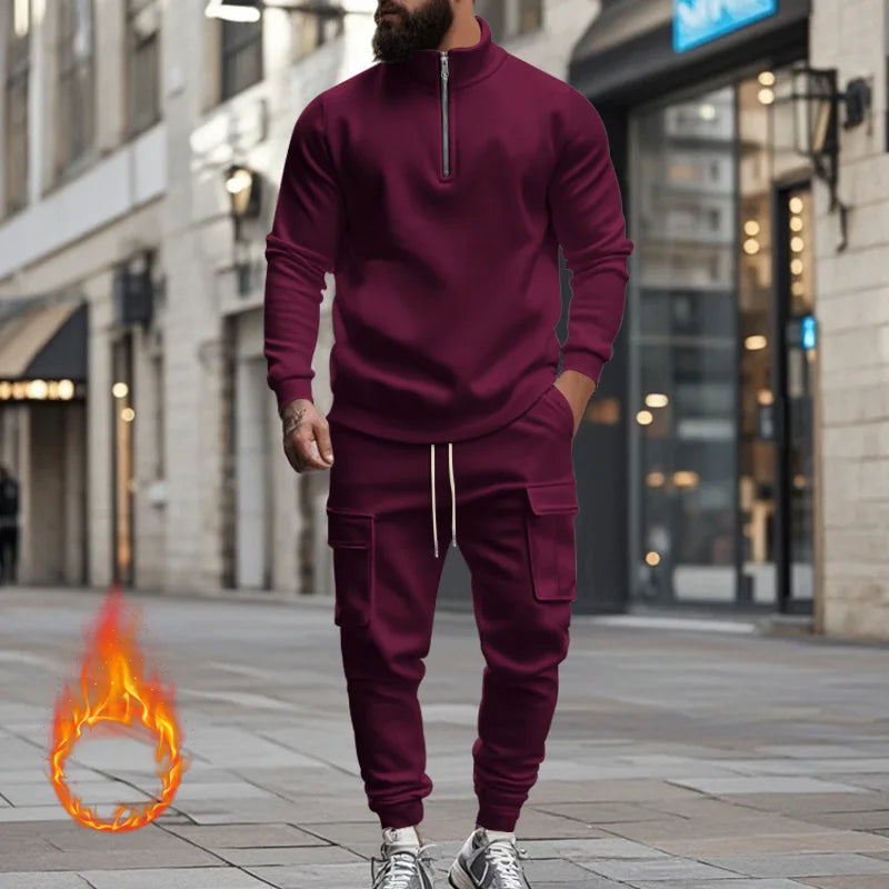 Men's Autumn/Winter Casual Semi-Zipped Pullover Loose Fleece Warm Sweatshirt And Sweatpants Available in 1/2 piece