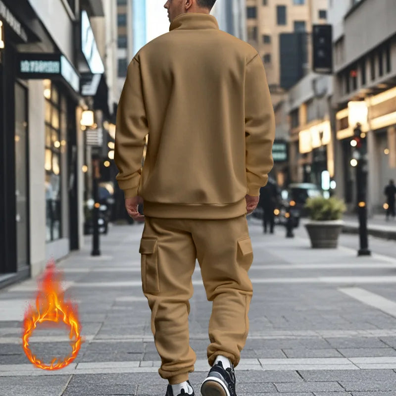 Men's Autumn/Winter Casual Semi-Zipped Pullover Loose Fleece Warm Sweatshirt And Sweatpants Available in 1/2 piece