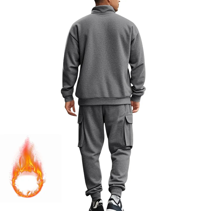 Men's Autumn/Winter Casual Semi-Zipped Pullover Loose Fleece Warm Sweatshirt And Sweatpants Available in 1/2 piece