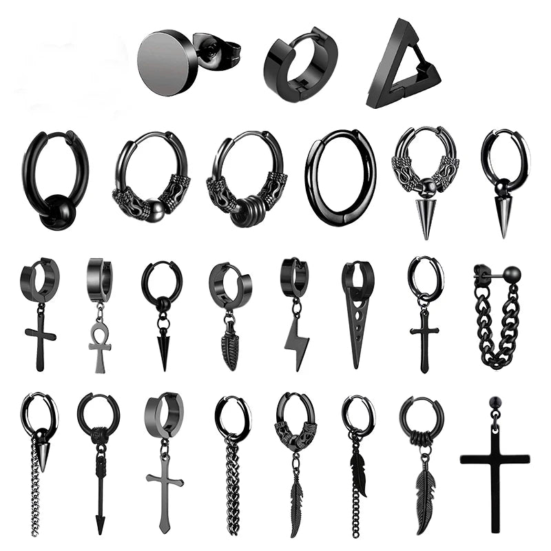 1 Pairs Punk Stainless Steel Stud Earrings Black Earrings Set For Men Women Vintage Hip Hop Piercing Ear Jewelry Accessories