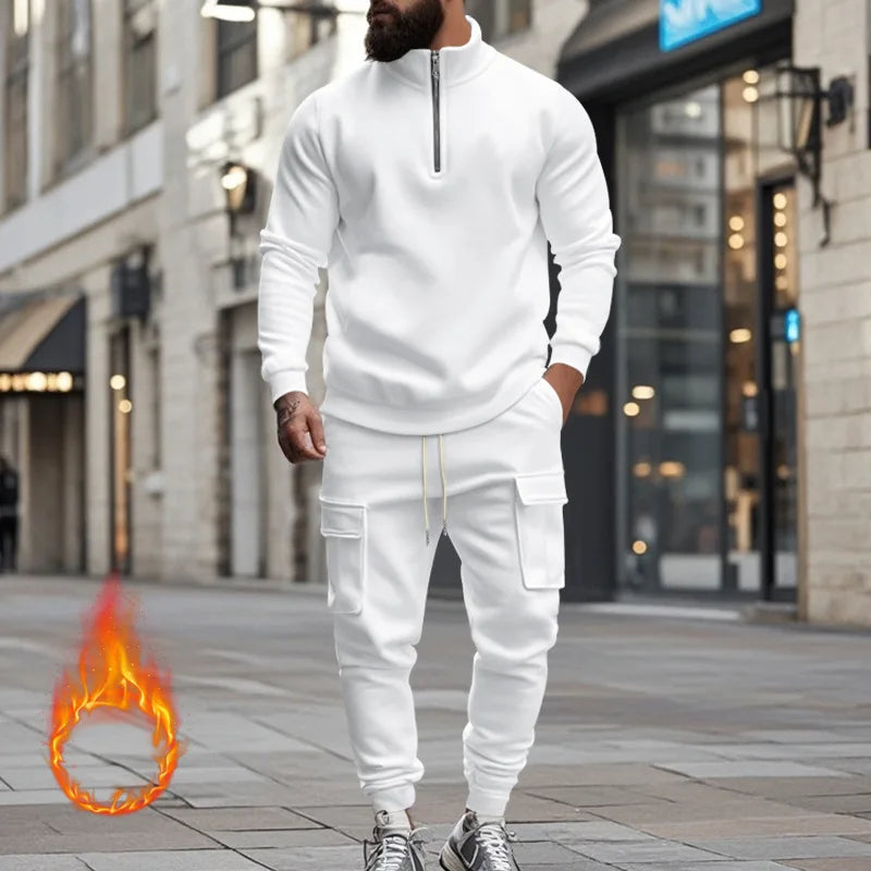 Men's Autumn/Winter Casual Semi-Zipped Pullover Loose Fleece Warm Sweatshirt And Sweatpants Available in 1/2 piece