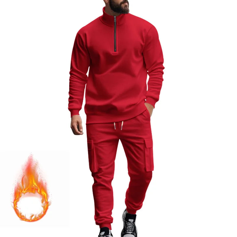 Men's Autumn/Winter Casual Semi-Zipped Pullover Loose Fleece Warm Sweatshirt And Sweatpants Available in 1/2 piece