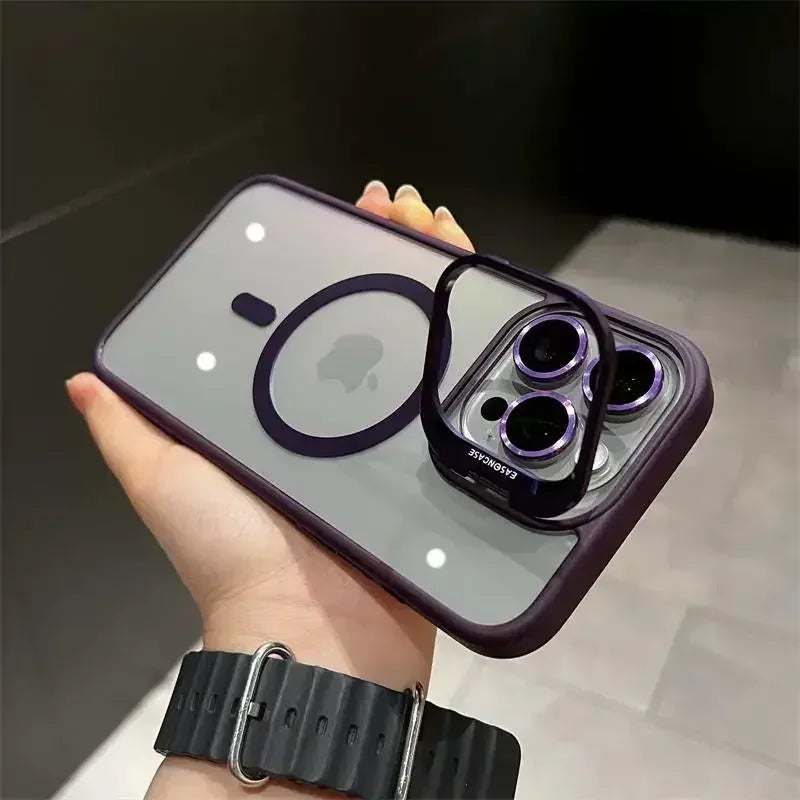 Luxury Magnetic Shockproof Phone Case For iPhone 16 15 14 13 12 11 17 Pro Max For Magsafe Funda Stand Glass Lens Protector Cover