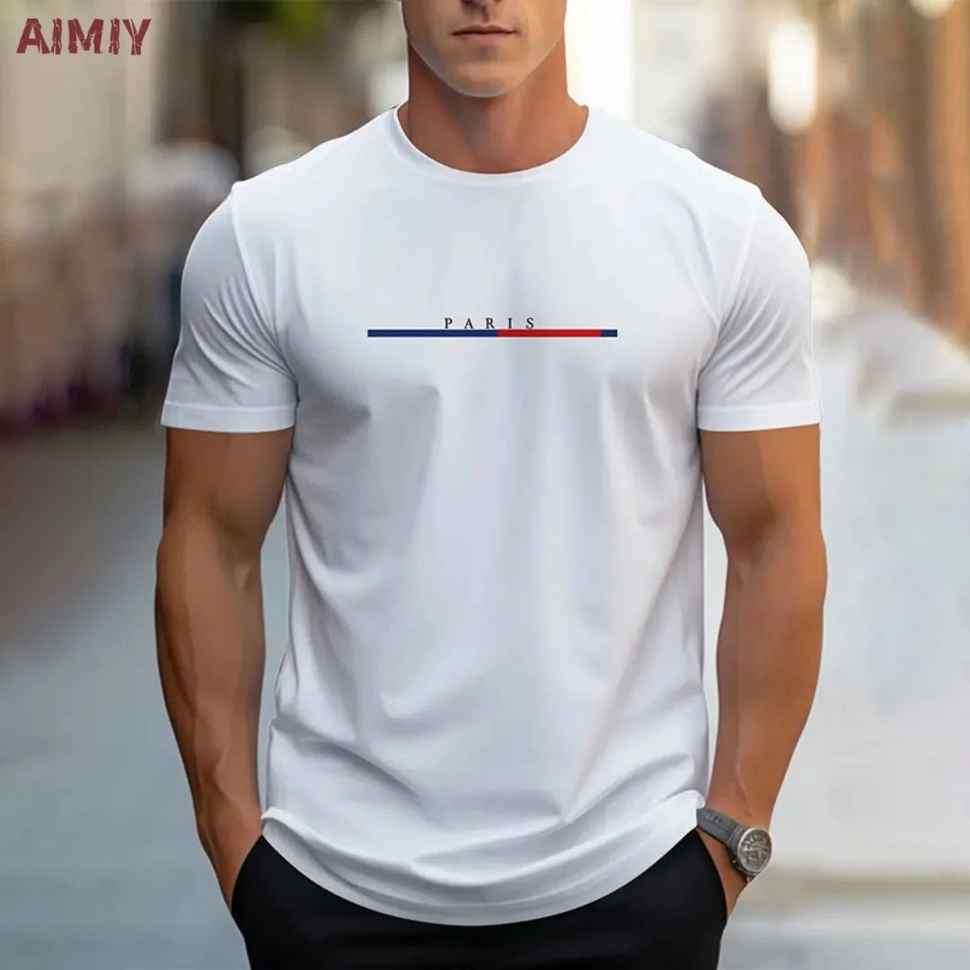 Summer Men's T-shirt Top Casual Loose Fit Oversized T-shirt PARI Letter Pattern Printed Round Neck Short Sleeved Homme Vêtement