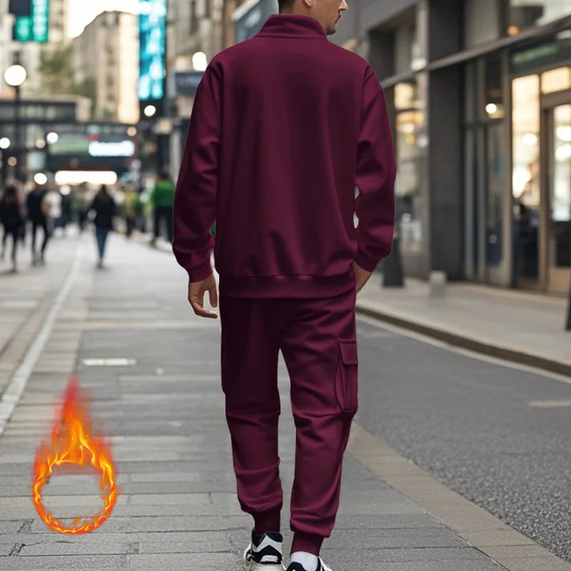 Men's Autumn/Winter Casual Semi-Zipped Pullover Loose Fleece Warm Sweatshirt And Sweatpants Available in 1/2 piece