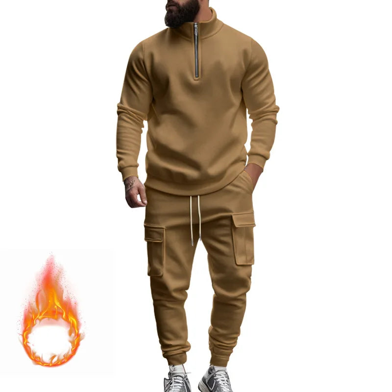Men's Autumn/Winter Casual Semi-Zipped Pullover Loose Fleece Warm Sweatshirt And Sweatpants Available in 1/2 piece
