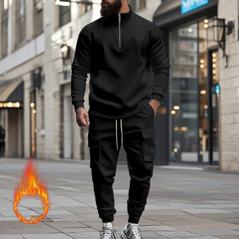Men's Autumn/Winter Casual Semi-Zipped Pullover Loose Fleece Warm Sweatshirt And Sweatpants Available in 1/2 piece