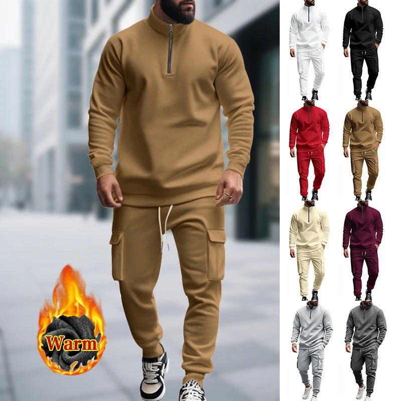 Men's Autumn/Winter Casual Semi-Zipped Pullover Loose Fleece Warm Sweatshirt And Sweatpants Available in 1/2 piece