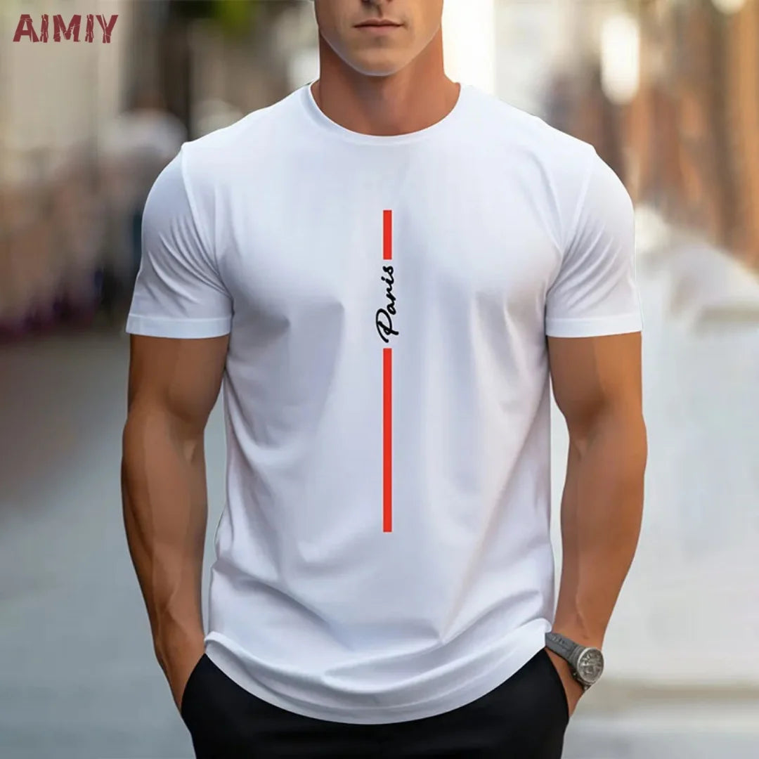 Summer Men's T-shirt Top Casual Loose Fit Oversized T-shirt PARI Letter Pattern Printed Round Neck Short Sleeved Homme Vêtement
