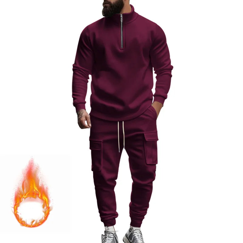 Men's Autumn/Winter Casual Semi-Zipped Pullover Loose Fleece Warm Sweatshirt And Sweatpants Available in 1/2 piece