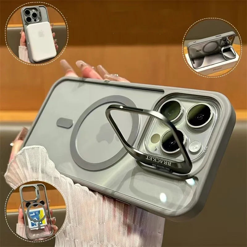 Luxury Magnetic Shockproof Phone Case For iPhone 16 15 14 13 12 11 17 Pro Max For Magsafe Funda Stand Glass Lens Protector Cover