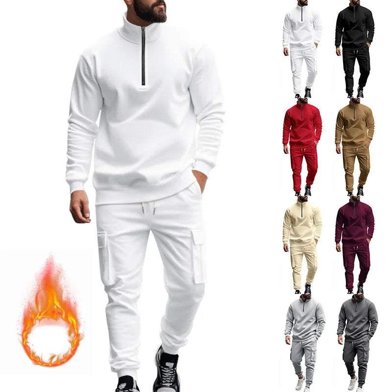Men's Autumn/Winter Casual Semi-Zipped Pullover Loose Fleece Warm Sweatshirt And Sweatpants Available in 1/2 piece