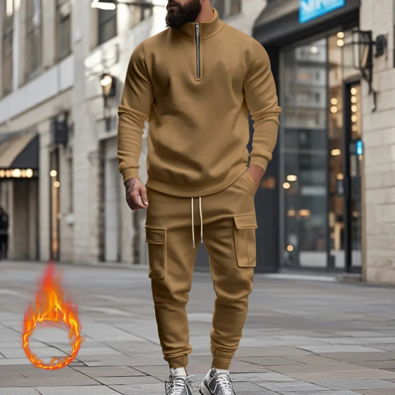 Men's Autumn/Winter Casual Semi-Zipped Pullover Loose Fleece Warm Sweatshirt And Sweatpants Available in 1/2 piece