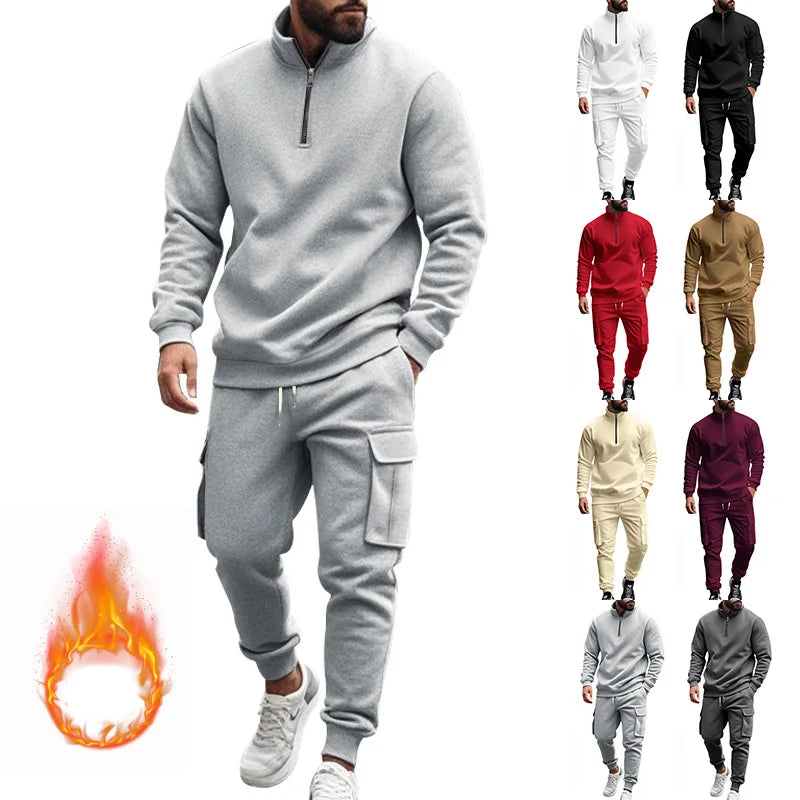 Men's Autumn/Winter Casual Semi-Zipped Pullover Loose Fleece Warm Sweatshirt And Sweatpants Available in 1/2 piece