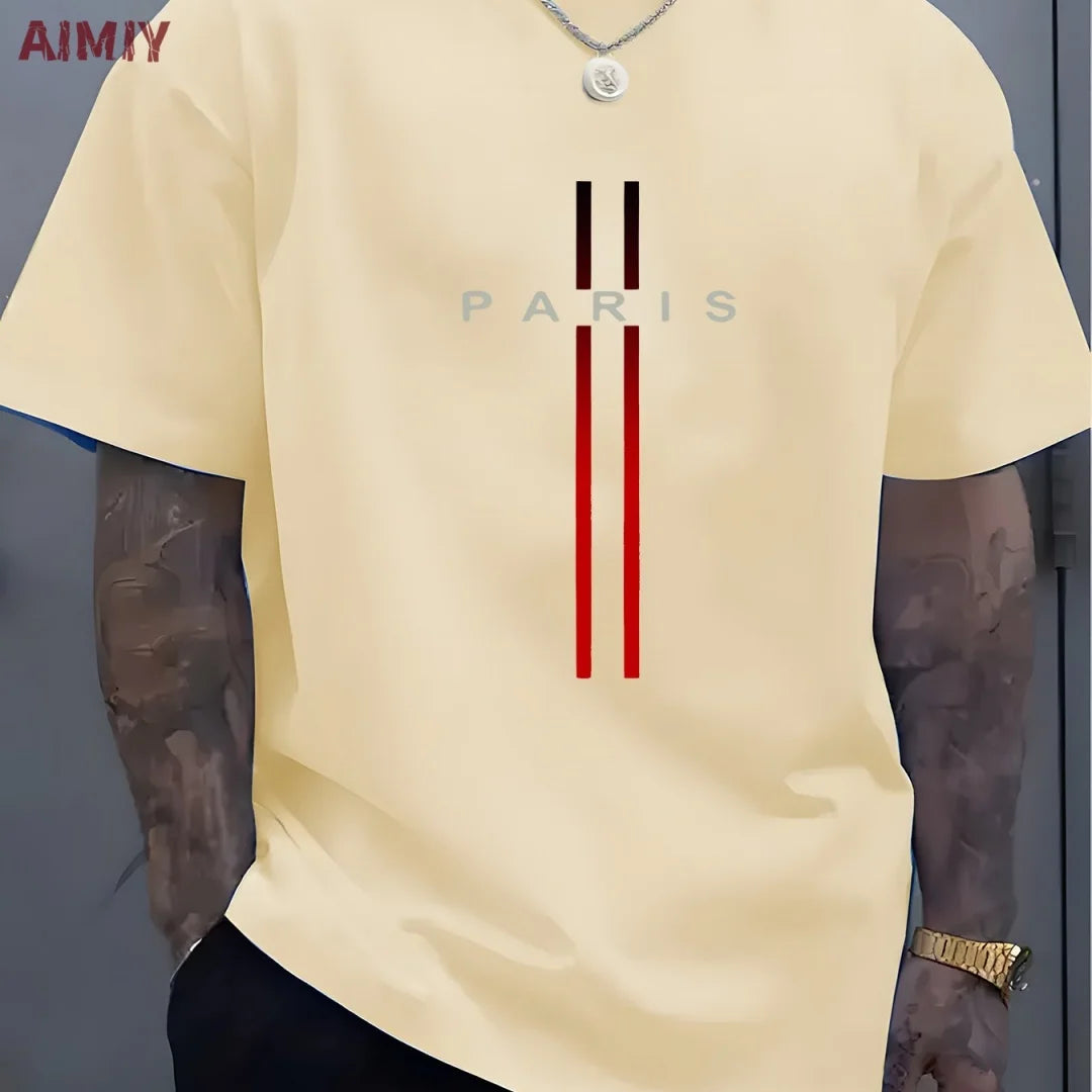 Summer Men's T-shirt Top Casual Loose Fit Oversized T-shirt PARI Letter Pattern Printed Round Neck Short Sleeved Homme Vêtement