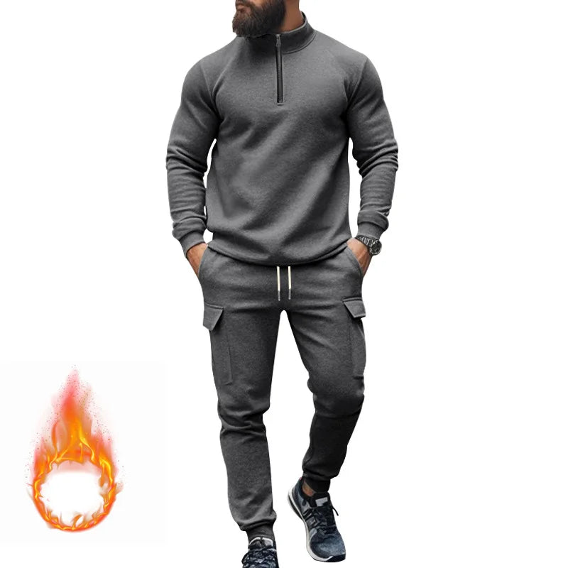 Men's Autumn/Winter Casual Semi-Zipped Pullover Loose Fleece Warm Sweatshirt And Sweatpants Available in 1/2 piece