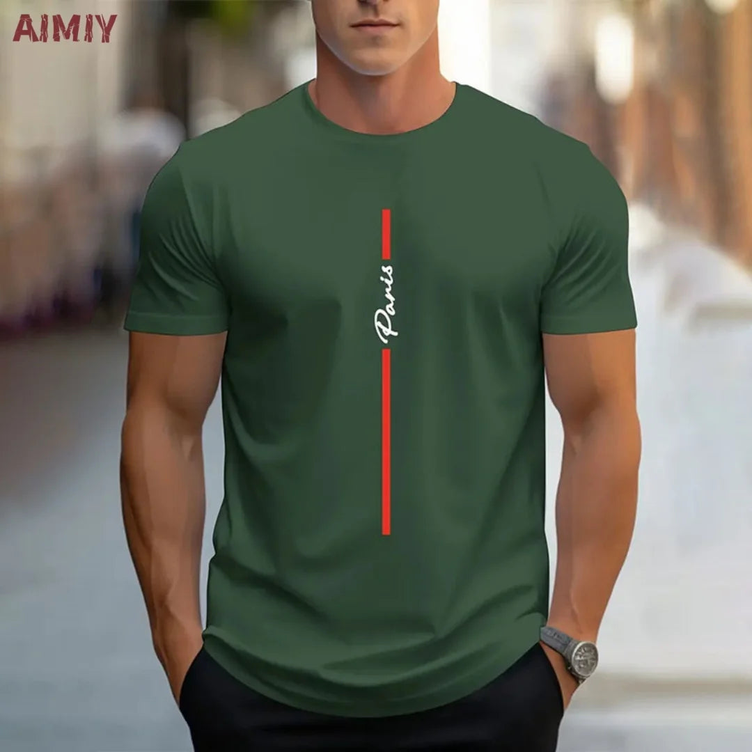 Summer Men's T-shirt Top Casual Loose Fit Oversized T-shirt PARI Letter Pattern Printed Round Neck Short Sleeved Homme Vêtement